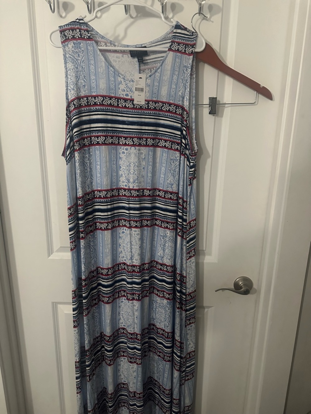 Lane Bryant Light Blue Striped Maxi Dress with Navy and Burgundy Accents